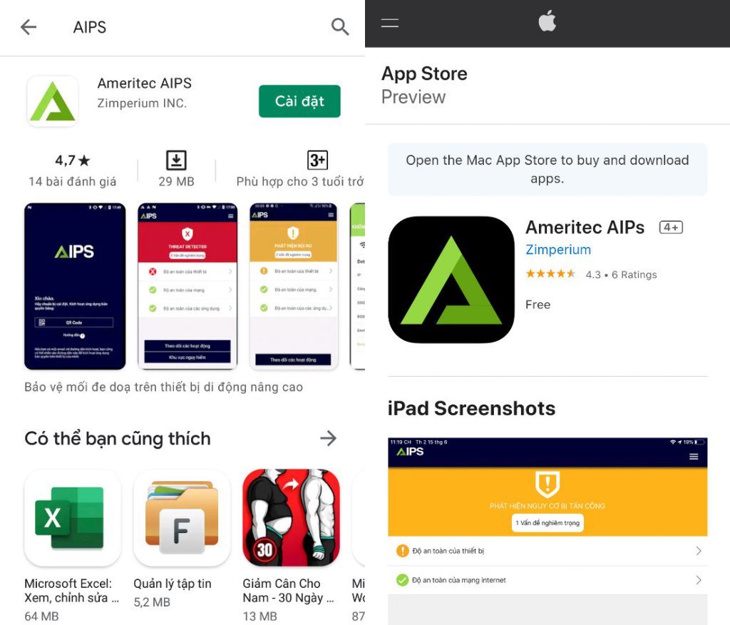 Ứng dụng bảo mật điện thoại AIPS trên Android và iOS
