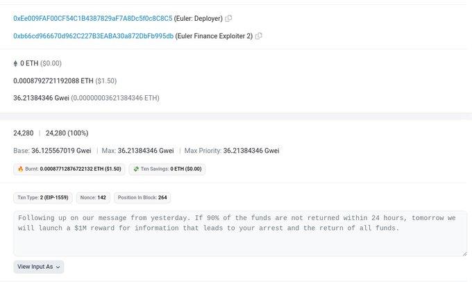 Euler Finance treo thưởng 1 triệu USD cho ai bắt được hacker.